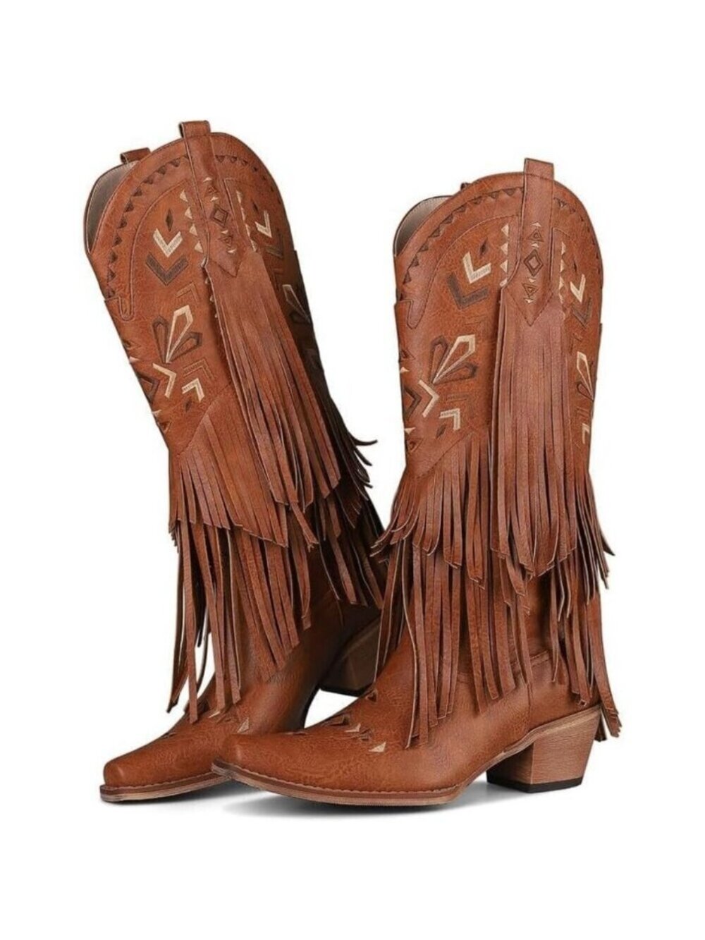 Women's Brown Cowgirl Boots Knee High Fringe Boots Comfortable Comfy Foot heel